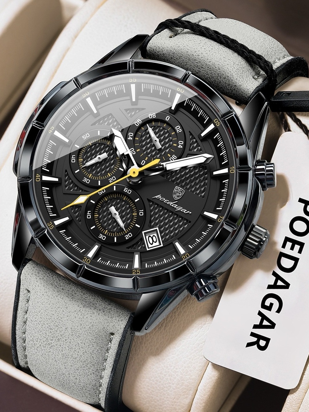 Men's Black Dial Chronograph Watch with Grey Strap
